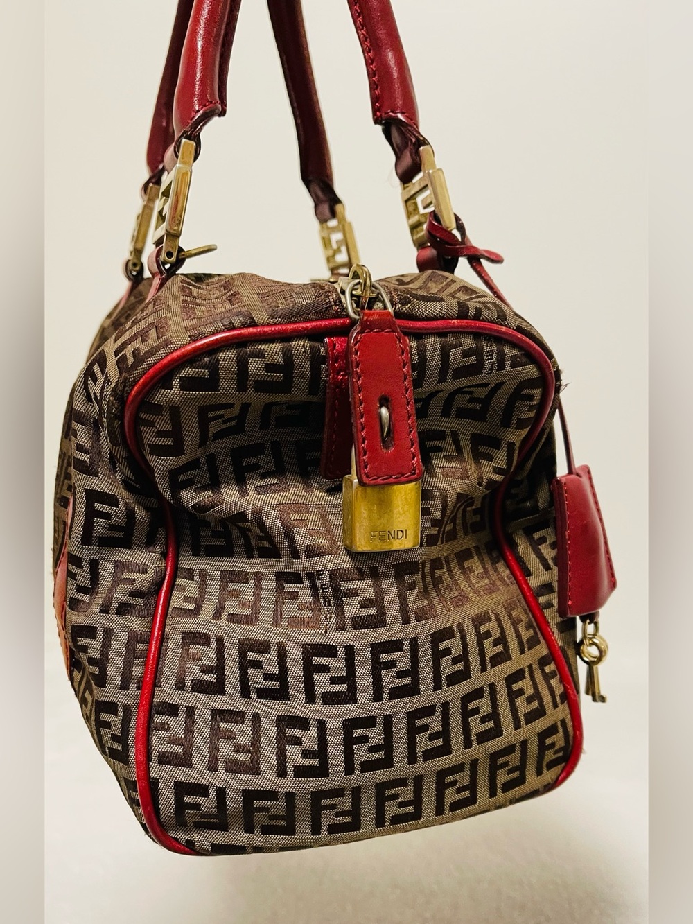 Fendi Authentic Brown Zucca Canvas Satchel with Red Leather Trim - Picture 2 of 15